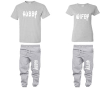 Load image into Gallery viewer, Hubby and Wifey shirts and jogger pants, matching top and bottom set, Sports Grey t shirts, men joggers, shirt and jogger pants women. Matching couple joggers