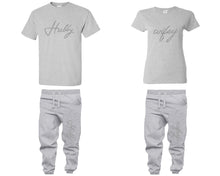 Load image into Gallery viewer, Hubby and Wifey shirts and jogger pants, matching top and bottom set, Sports Grey t shirts, men joggers, shirt and jogger pants women. Matching couple joggers