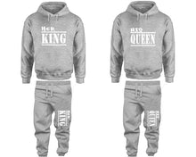 Load image into Gallery viewer, Her King and His Queen matching top and bottom set, Sports Grey pullover hoodie and sweatpants sets for mens, pullover hoodie and jogger set womens. Matching couple joggers.