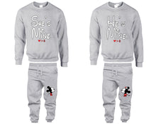 Load image into Gallery viewer, She's Mine He's Mine top and bottom sets. Grey sweatshirt and sweatpants set for men, sweater and jogger pants for women.