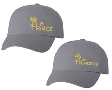 Load image into Gallery viewer, Prince and Princess matching caps for couples, Grey baseball caps.Gold Glitter color Vinyl Design
