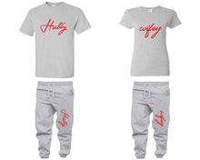 Load image into Gallery viewer, Hubby and Wifey shirts and jogger pants, matching top and bottom set, Sports Grey t shirts, men joggers, shirt and jogger pants women. Matching couple joggers