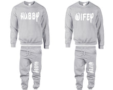 將圖片載入圖庫檢視器 Hubby and Wifey top and bottom sets. Sports Grey sweatshirt and sweatpants set for men, sweater and jogger pants for women.