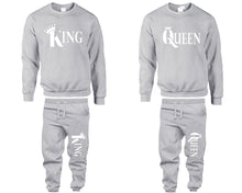 Load image into Gallery viewer, King and Queen top and bottom sets. Sports Grey sweatshirt and sweatpants set for men, sweater and jogger pants for women.