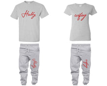 Load image into Gallery viewer, Hubby and Wifey shirts and jogger pants, matching top and bottom set, Sports Grey t shirts, men joggers, shirt and jogger pants women. Matching couple joggers