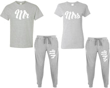 Load image into Gallery viewer, Mr and Mrs shirts and jogger pants, matching top and bottom set, Sports Grey t shirts, men joggers, shirt and jogger pants women. Matching couple joggers