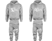 Load image into Gallery viewer, Her King and His Queen matching top and bottom set, Sports Grey pullover hoodie and sweatpants sets for mens, pullover hoodie and jogger set womens. Matching couple joggers.