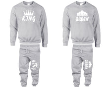 Load image into Gallery viewer, King and Queen top and bottom sets. Sports Grey sweatshirt and sweatpants set for men, sweater and jogger pants for women.