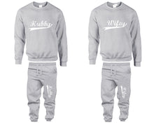 Load image into Gallery viewer, Hubby Wifey top and bottom sets. Grey sweatshirt and sweatpants set for men, sweater and jogger pants for women.