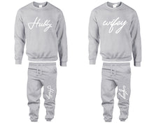 將圖片載入圖庫檢視器 Hubby Wifey top and bottom sets. Grey sweatshirt and sweatpants set for men, sweater and jogger pants for women.