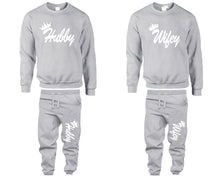 Load image into Gallery viewer, Hubby and Wifey top and bottom sets. Sports Grey sweatshirt and sweatpants set for men, sweater and jogger pants for women.