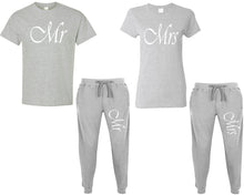 Load image into Gallery viewer, Mr and Mrs shirts and jogger pants, matching top and bottom set, Sports Grey t shirts, men joggers, shirt and jogger pants women. Matching couple joggers