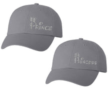 Load image into Gallery viewer, Prince and Princess matching caps for couples, Grey baseball caps.Silver Foil color Vinyl Design