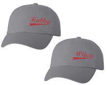 Load image into Gallery viewer, Hubby and Wifey matching caps for couples, Grey baseball caps.Red Glitter color Vinyl Design