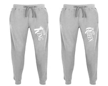 Load image into Gallery viewer, Her King and His Queen matching jogger pants, Sports Grey sweatpants for mens, jogger set womens. Matching couple joggers.
