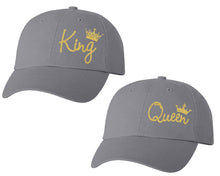 Load image into Gallery viewer, King and Queen matching caps for couples, Grey baseball caps.Gold Glitter color Vinyl Design
