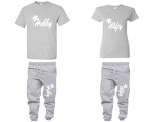 Load image into Gallery viewer, Hubby and Wifey shirts and jogger pants, matching top and bottom set, Sports Grey t shirts, men joggers, shirt and jogger pants women. Matching couple joggers