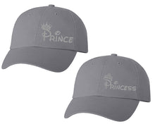 Load image into Gallery viewer, Prince and Princess matching caps for couples, Grey baseball caps.Silver Glitter color Vinyl Design