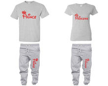 將圖片載入圖庫檢視器 Prince and Princess shirts and jogger pants, matching top and bottom set, Sports Grey t shirts, men joggers, shirt and jogger pants women. Matching couple joggers