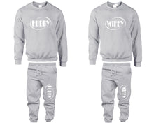 將圖片載入圖庫檢視器 Hubby and Wifey top and bottom sets. Sports Grey sweatshirt and sweatpants set for men, sweater and jogger pants for women.