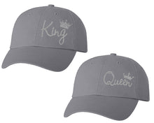 Load image into Gallery viewer, King and Queen matching caps for couples, Grey baseball caps.Silver Glitter color Vinyl Design