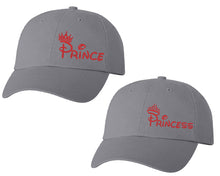 Load image into Gallery viewer, Prince and Princess matching caps for couples, Grey baseball caps.Red Glitter color Vinyl Design