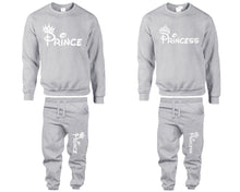 Load image into Gallery viewer, Prince Princess top and bottom sets. Grey sweatshirt and sweatpants set for men, sweater and jogger pants for women.