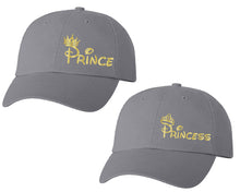Load image into Gallery viewer, Prince and Princess matching caps for couples, Grey baseball caps.Gold Foil color Vinyl Design