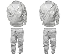 Load image into Gallery viewer, King and Queen zipper hoodies, Matching couple hoodies, Sports Grey zip up hoodie for man, Sports Grey zip up hoodie womens, Sports Grey jogger pants for man and woman.