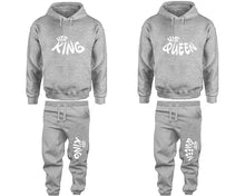 Load image into Gallery viewer, Her King and His Queen matching top and bottom set, Sports Grey pullover hoodie and sweatpants sets for mens, pullover hoodie and jogger set womens. Matching couple joggers.