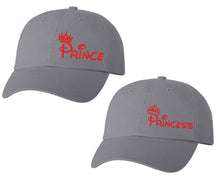 Load image into Gallery viewer, Prince and Princess matching caps for couples, Grey baseball caps.Red color Vinyl Design