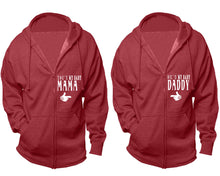 Load image into Gallery viewer, She's My Baby Mama and He's My Baby Daddy zipper hoodies, Matching couple hoodies, Heather Burgundy zip up hoodie for man, Heather Burgundy zip up hoodie womens