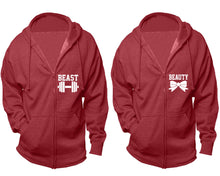 Load image into Gallery viewer, Beast and Beauty zipper hoodies, Matching couple hoodies, Heather Burgundy zip up hoodie for man, Heather Burgundy zip up hoodie womens