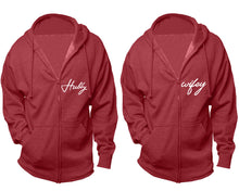 Load image into Gallery viewer, Hubby and Wifey zipper hoodies, Matching couple hoodies, Heather Burgundy zip up hoodie for man, Heather Burgundy zip up hoodie womens