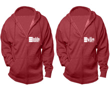 Load image into Gallery viewer, Hubby and Wifey zipper hoodies, Matching couple hoodies, Heather Burgundy zip up hoodie for man, Heather Burgundy zip up hoodie womens