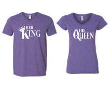 Load image into Gallery viewer, Her King and His Queen matching couple v-neck shirts.Couple shirts, Heather Purple v neck t shirts for men, v neck t shirts women. Couple matching shirts.