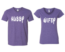 Load image into Gallery viewer, Hubby and Wifey matching couple v-neck shirts.Couple shirts, Heather Purple v neck t shirts for men, v neck t shirts women. Couple matching shirts.