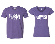 Load image into Gallery viewer, Hubby and Wifey matching couple v-neck shirts.Couple shirts, Heather Purple v neck t shirts for men, v neck t shirts women. Couple matching shirts.
