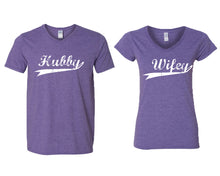 Load image into Gallery viewer, Hubby and Wifey matching couple v-neck shirts.Couple shirts, Heather Purple v neck t shirts for men, v neck t shirts women. Couple matching shirts.