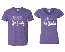 Load image into Gallery viewer, Blinded by Her Beauty and Blinded by His Muscles matching couple v-neck shirts.Couple shirts, Heather Purple v neck t shirts for men, v neck t shirts women. Couple matching shirts.