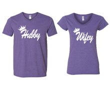 Load image into Gallery viewer, Hubby and Wifey matching couple v-neck shirts.Couple shirts, Heather Purple v neck t shirts for men, v neck t shirts women. Couple matching shirts.