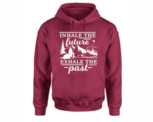 Load image into Gallery viewer, Inhale The Future Exhale The Past inspirational quote hoodie. Maroon Hoodie, hoodies for men, unisex hoodies