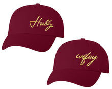 將圖片載入圖庫檢視器 Hubby and Wifey matching caps for couples, Maroon baseball caps.Gold Foil color Vinyl Design
