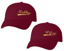 Load image into Gallery viewer, Hubby and Wifey matching caps for couples, Maroon baseball caps.Gold Glitter color Vinyl Design