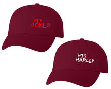 Load image into Gallery viewer, Her Joker and His Harley matching caps for couples, Maroon baseball caps.
