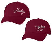 將圖片載入圖庫檢視器 Hubby and Wifey matching caps for couples, Maroon baseball caps.Silver Foil color Vinyl Design