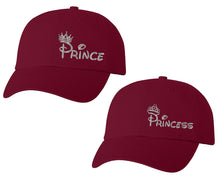 Load image into Gallery viewer, Prince and Princess matching caps for couples, Maroon baseball caps.Silver Foil color Vinyl Design