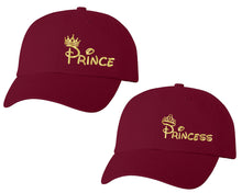 Load image into Gallery viewer, Prince and Princess matching caps for couples, Maroon baseball caps.Gold Foil color Vinyl Design