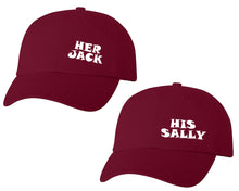 Load image into Gallery viewer, Her Jack and His Sally matching caps for couples, Maroon baseball caps.