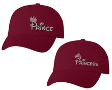 Load image into Gallery viewer, Prince and Princess matching caps for couples, Maroon baseball caps.Silver Glitter color Vinyl Design